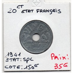 Vingt centimes état Français 1941 Spl, France pièce de monnaie