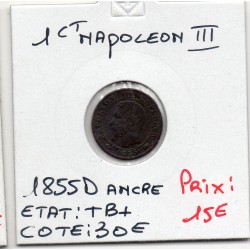 1 centime Napoléon III tête nue 1855 D Ancre Lyon TB+, France pièce de monnaie