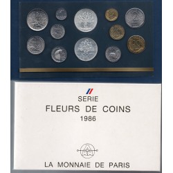 Coffret FDC Fleur de coins France 1986 avec les 12 pièces de monnaies en Franc