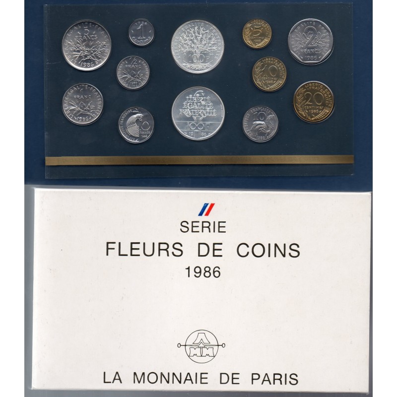 Coffret FDC Fleur de coins France 1986 avec les 12 pièces de monnaies en Franc