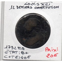12 deniers Constitution Louis XVI 1792 MA cuivre Marseille B+, France pièce de monnaie