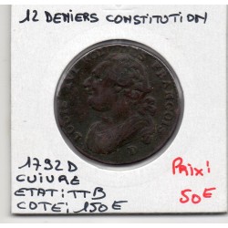 12 denier Constitution Louis XVI 1792 D cuivre Lyon TTB, France pièce de monnaie