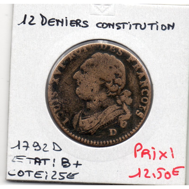 12 denier Constitution Louis XVI 1792 D MDC Lyon B+, France pièce de monnaie