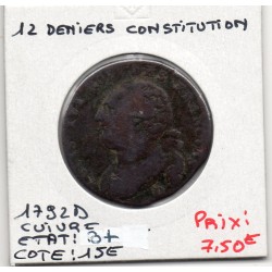 12 denier Constitution Louis XVI 1792 D cuivre Lyon B+, France pièce de monnaie