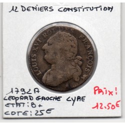 12 denier Constitution Louis XVI 1792 An 4 A leopard gauche et lyre Paris B+, France pièce de monnaie