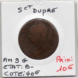 5 centimes Dupré An 9 G Genève B-, France pièce de monnaie