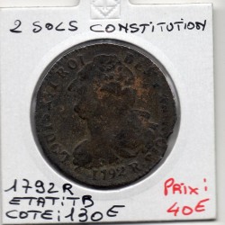 2 Sols Constitution Louis XVI 1792 R Orléans TB, France pièce de monnaie