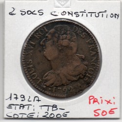 2 Sols Constitution Louis XVI 1792 A Paris TTB-, France pièce de monnaie