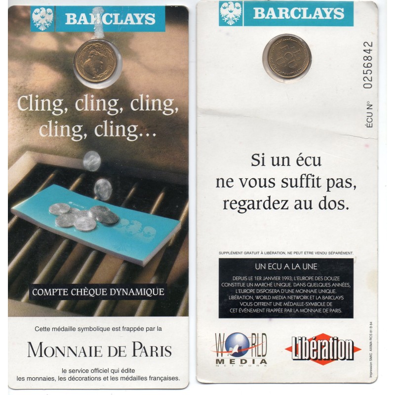 médaille monnaie de Paris Barclays 1 écu de 1993 additif journal libération