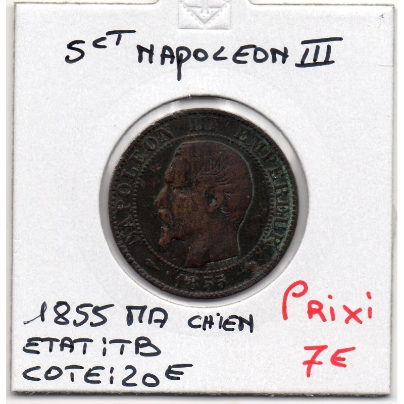 5 centimes Napoléon III tête nue 1855 MA chien Marseille TB, France pièce de monnaie