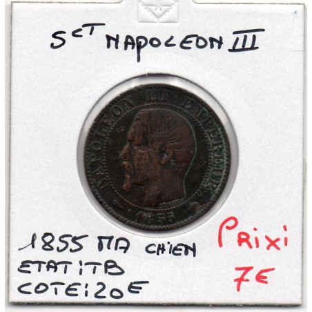 5 centimes Napoléon III tête nue 1855 MA chien Marseille TB, France pièce de monnaie