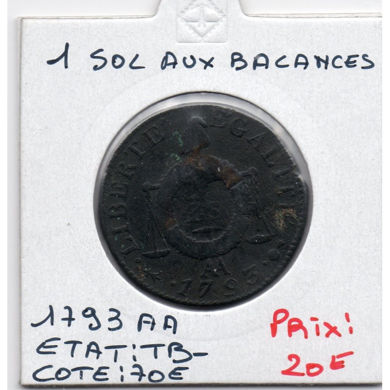 1 sol aux balances 1793 AA Metz TB-, France pièce de monnaie