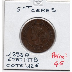 5 centimes Cérès 1893 TTB, France pièce de monnaie