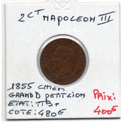 2 centimes Napoléon III tête nue 1855 grand D chien petit Lion TTB+, France pièce de monnaie