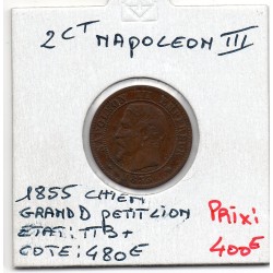 2 centimes Napoléon III tête nue 1855 grand D chien petit Lion TTB+, France pièce de monnaie