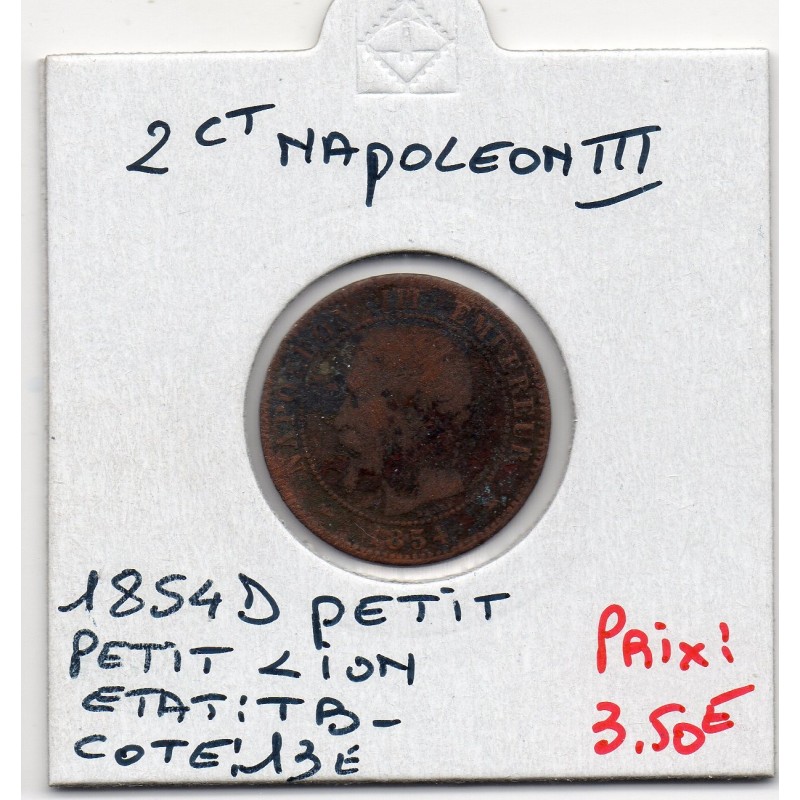 2 centimes Napoléon III tête nue 1854 petit D petit lion Lyon TB-, France pièce de monnaie