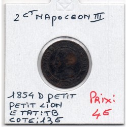 2 centimes Napoléon III tête nue 1854 petit D petit lion Lyon TB-, France pièce de monnaie
