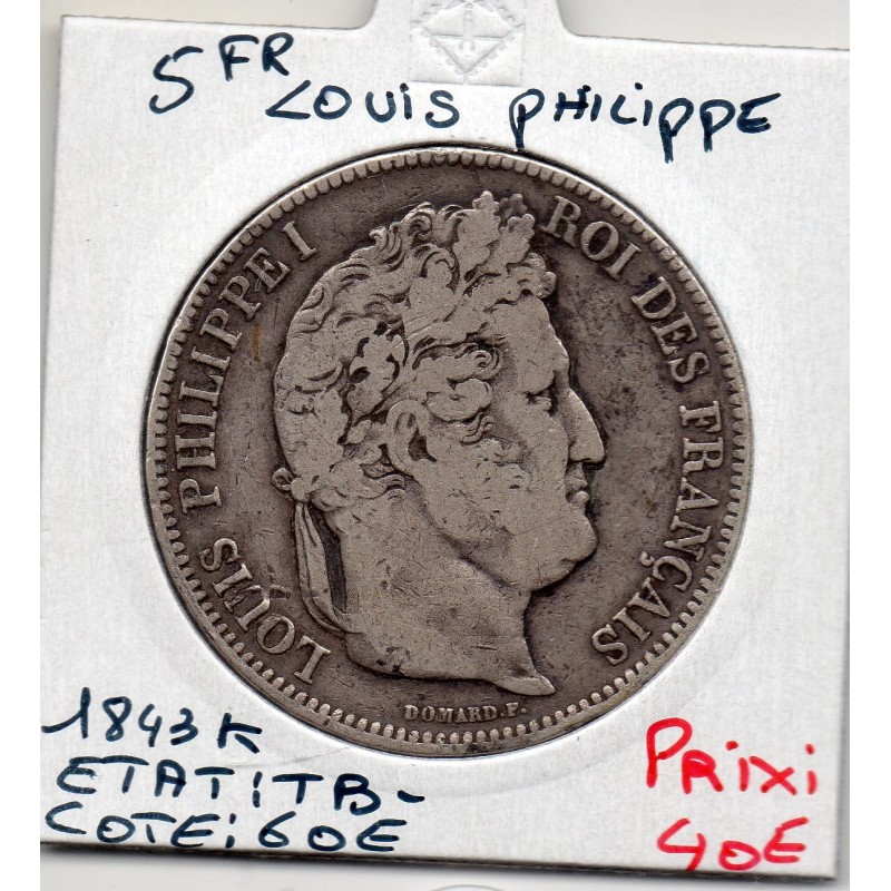 5 francs Louis Philippe 1843 K Bordeaux TB-, France pièce de monnaie