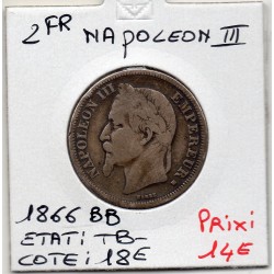 2 francs Napoléon III tête laurée 1866 BB Strasbourg TB-, France pièce de monnaie