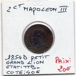 2 centimes Napoléon III tête nue 1854 petit D grand lion Lyon TTB+, France pièce de monnaie
