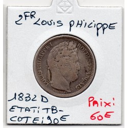 2 Francs Louis Philippe 1832 D Lyon TB-, France pièce de monnaie