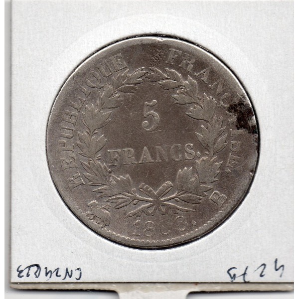 5 francs Napoléon 1er 1808 B Rouen TTB-, France pièce de monnaie