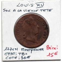 Sol à la vieille tête 1771 N Montpellier TB+ Louis XV pièce de monnaie royale