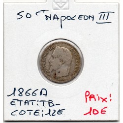 50 centimes Napoléon III tête laurée 1866 A Paris TB-, France pièce de monnaie