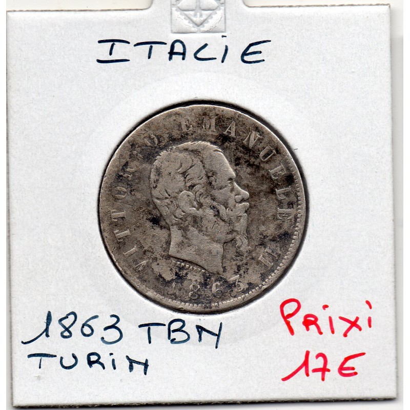 Italie 2 Lire 1863 T BN Turin TB, KM 12 pièce de monnaie