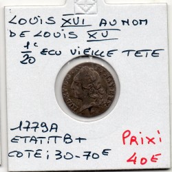 1/20 Ecu au nom de Louis XV posthumeTB+ 1779 A Paris Louis XVI pièce de monnaie royale