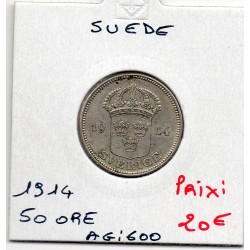 Suède 50 Ore 1914 TTB+, KM 788 pièce de monnaie