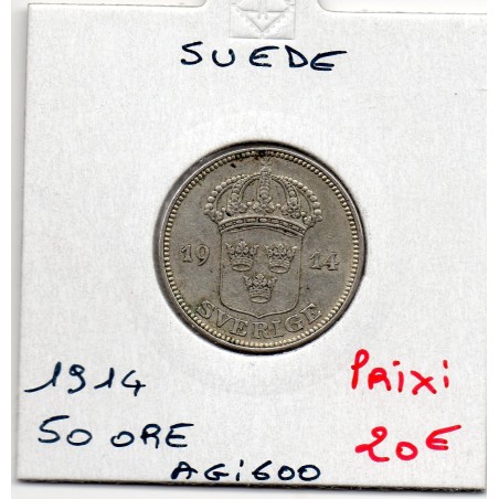 Suède 50 Ore 1914 TTB+, KM 788 pièce de monnaie