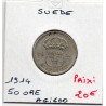 Suède 50 Ore 1914 TTB+, KM 788 pièce de monnaie