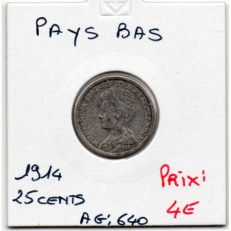 Pays Bas 25 cents 1914 TTB, KM 146 pièce de monnaie