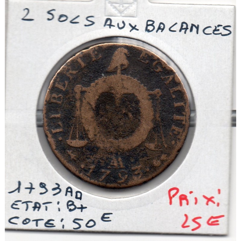 2 sols aux balances 1793 AA Metz B+, France pièce de monnaie