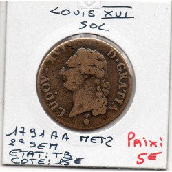 Sol 1791 AA Metz 2eme semestre TB Louis XVI pièce de monnaie royale