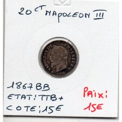 20 centimes Napoléon III tête laurée 1867 BB Strasbourg TTB+, France pièce de monnaie