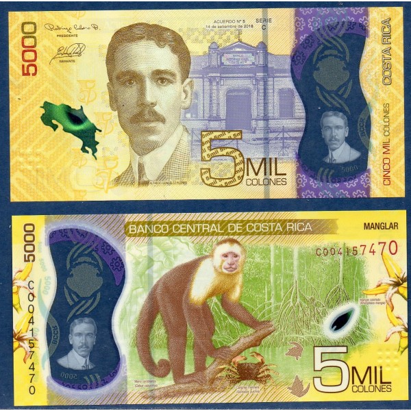 Costa Rica P.282a, neuf Billet de 5000 colones 2018 Alfredo González Flores