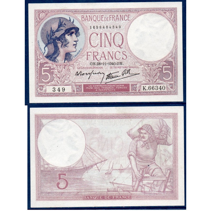 5 Francs Violet Sup 4.11.1939 Billet de la banque de France