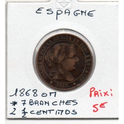 Espagne 2 1/2 centimos étoile 7 branches 1868 TB, KM 634.5 pièce de monnaie