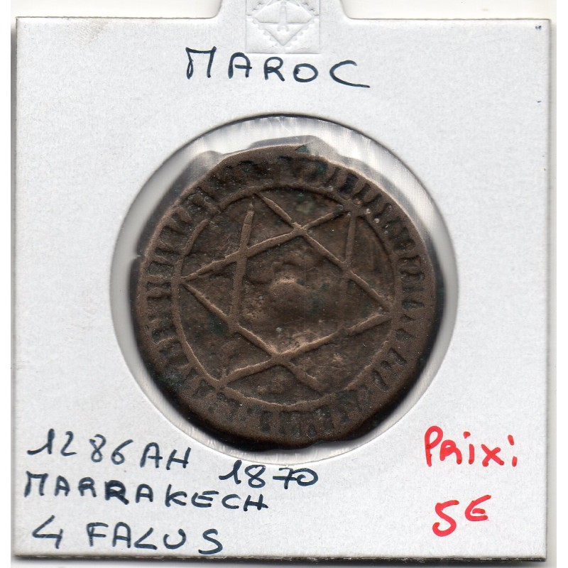 Maroc 4 Falus 1286 AH - 1870 Marrakesh TB, KM C166.2 pièce de monnaie