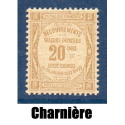 Timbre France Taxes Yvert 45a Type Recouvrement 20c Bistre papier GC neuf * avec charnière