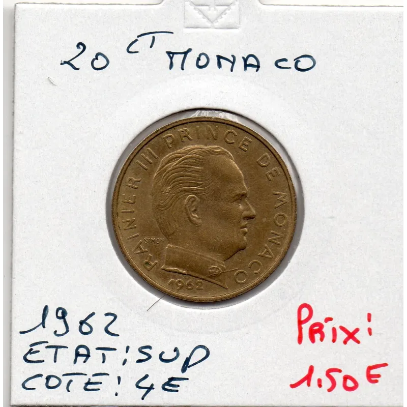Monaco Rainier III 20 centimes 1962 Sup, Gad 147 pièce de monnaie Monaco Rainier III 20 centimes 1962 Sup, Gad 147 pièce de monnaie