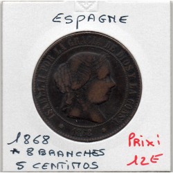 Espagne 5 centimos 1868 étoile 8 branches TTB-, KM 635.1 pièce de monnaie