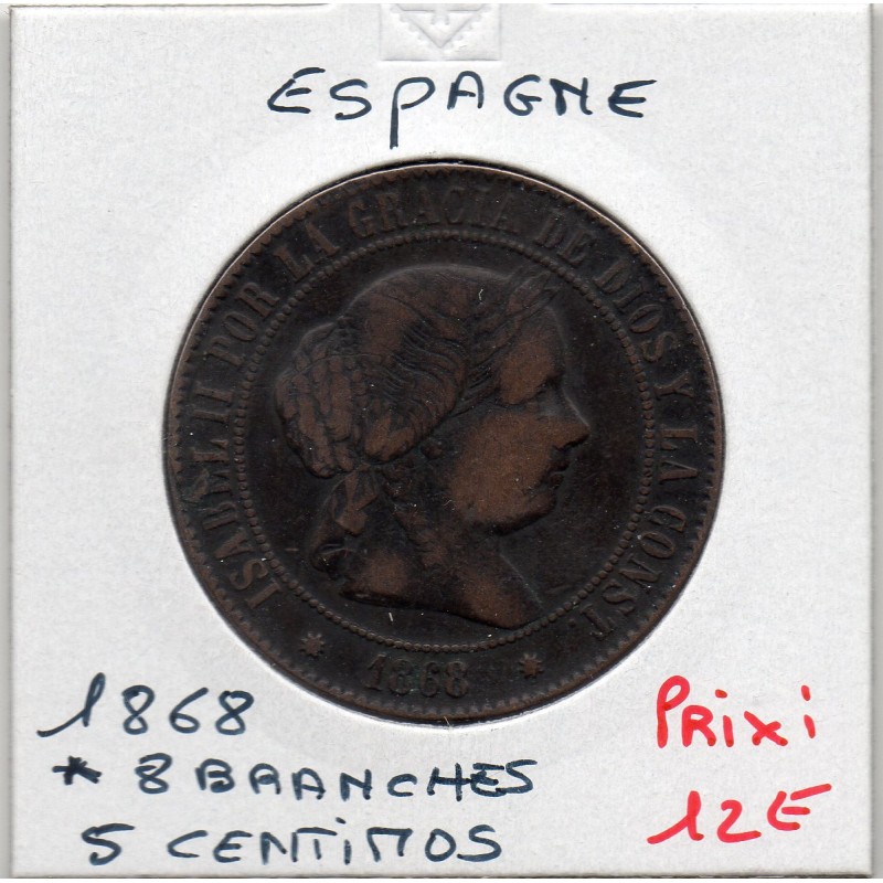 Espagne 5 centimos 1868 étoile 8 branches TTB-, KM 635.1 pièce de monnaie