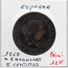 Espagne 5 centimos 1868 étoile 8 branches TTB-, KM 635.1 pièce de monnaie
