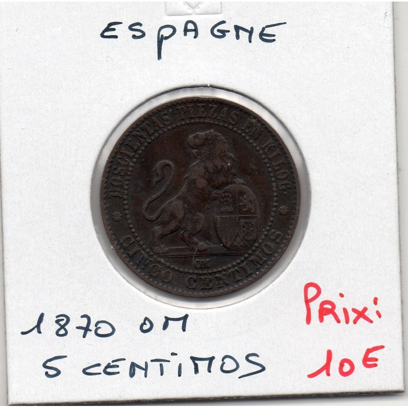 Espagne 5 centimos 1870 TTB-, KM 662 pièce de monnaie