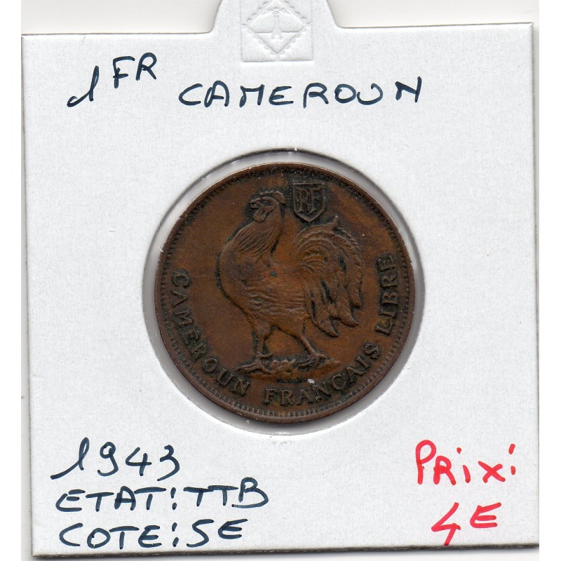 Cameroun 1 franc 1943 TTB, Lec 16 pièce de monnaie