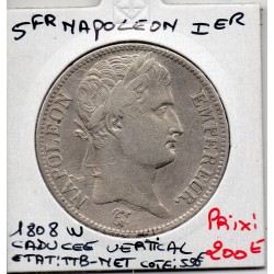 5 francs Napoléon 1er 1808 W caducée vertical Lille TTB-, France pièce de monnaie