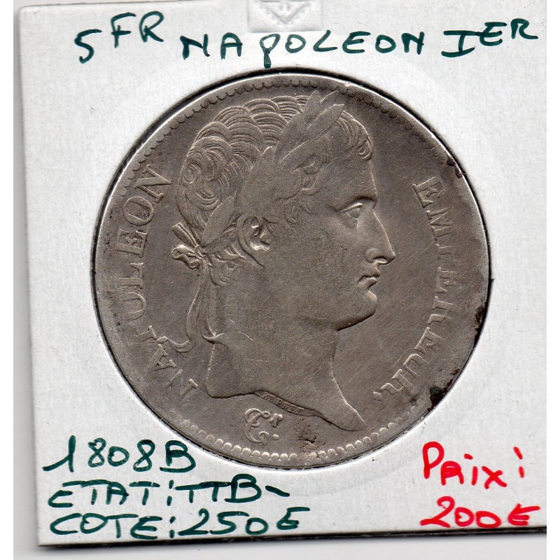 5 francs Napoléon 1er 1808 B Rouen TTB-, France pièce de monnaie